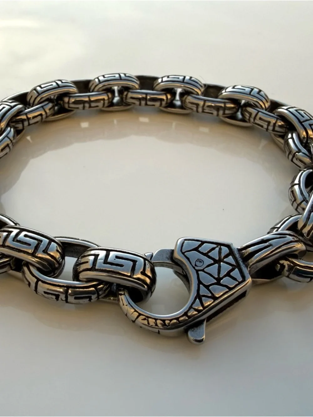 Men's Silver Link Bracelet with Greek Key Detailing